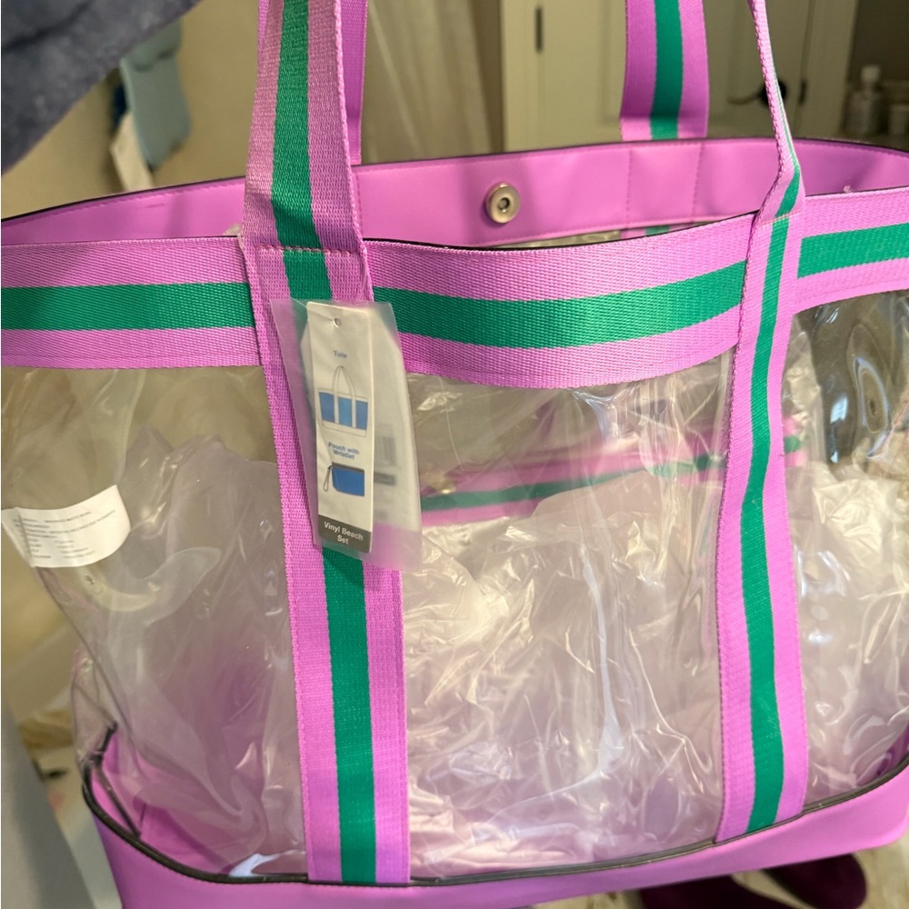 Pink & Green Clear Stripe Tote Bag - Women's Transparent Shopper